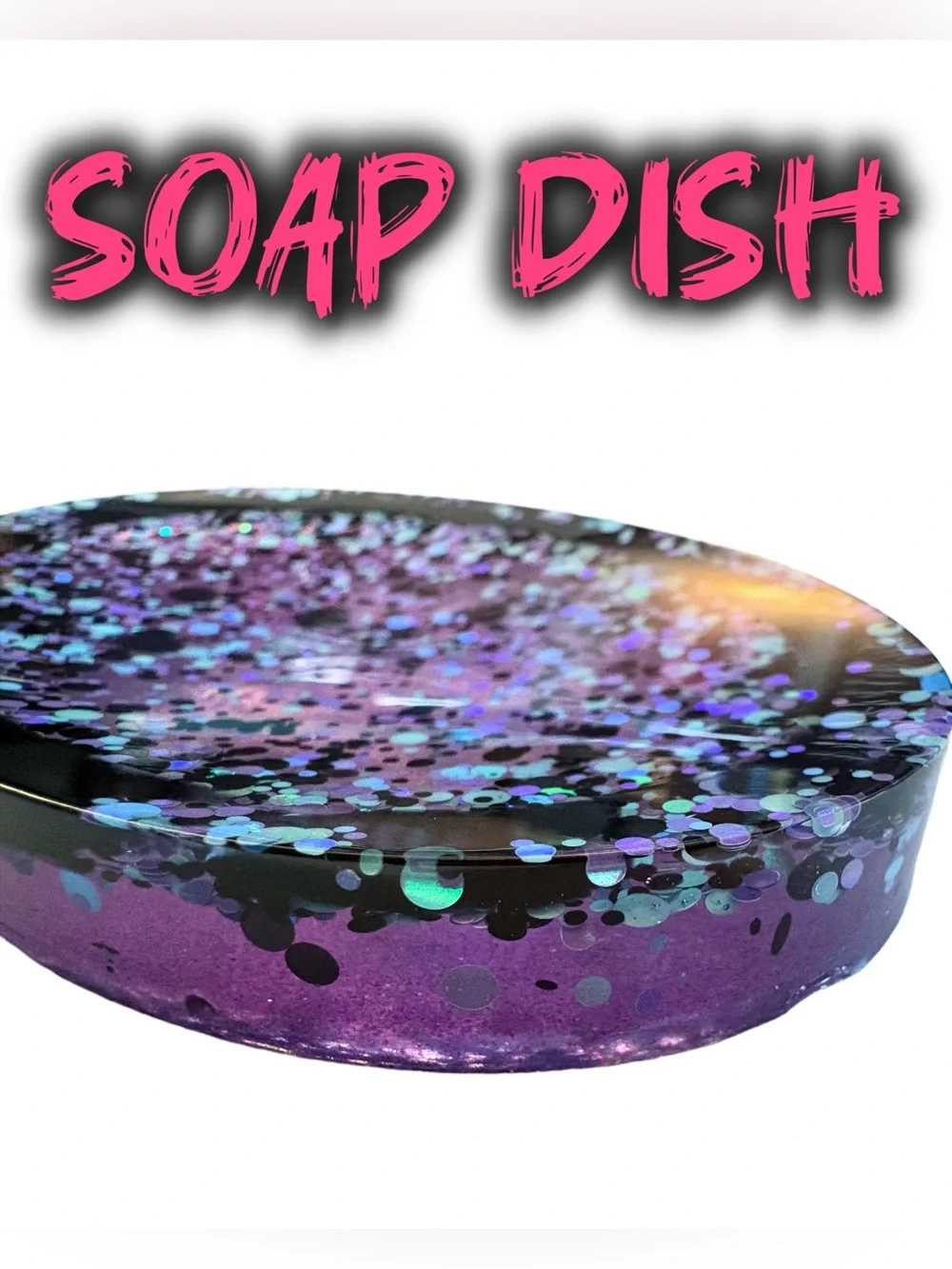 Handmade Glitter Resin Soap Dish - Purple + Black Confetti Soap Holder - Picture 3 of 6